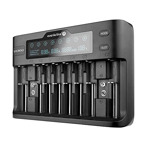 everActive Ladegerät für bis zu 10 Akkus Li-ion und NI-MH, Li-HV- und Li-FePO4 professionell, schnell, und universal, LCD-Anzeige, Kapazitätstest, Modell: UC800