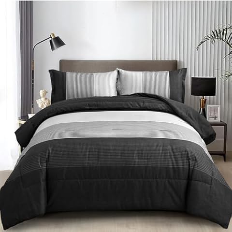 WONGS BEDDING Black Comforter Set Queen, Reversible Black Grey Stripe Down Alternative Comforter for All Season,3 Pieces(1 Patchwork Comforter+2 Pillowcases), Soft Microfiber Bedding Set 90"×90" Cover