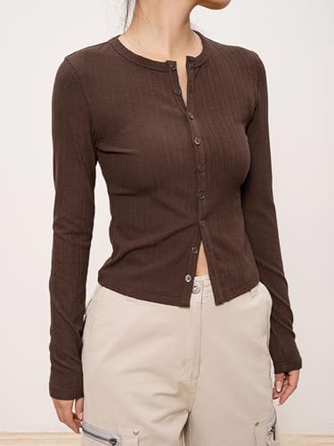 Sdencin Women Stylish Crew Neck Long Sleeve Open Front Button Down Knit Cardigan Fall Slim Fit Button Up Sweater Tops3