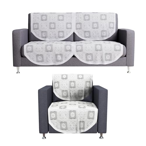 Image of Kuber Industries (Set of 6) Stylish & Durable Cotton Sofa Covers 2+1 Seater | Washable Sofa Protector /Mat & Slipcover for Living Room & Office | Square Flower - White