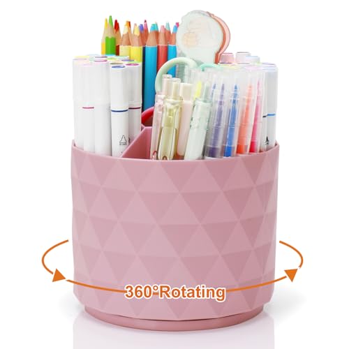 Cute Pencil Holders For Desk,360-Degree Rotating Pen Holders For Home Office,Diamond-like Pen Organizer With 5 Compartments,Stylish Desk Accessories For Office,School,Home,Art Supply (Pink)