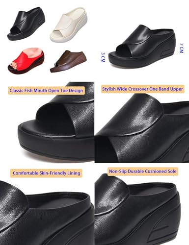 Women's Fish Mouth Platform Wedge Slippers,Lightweight Comfy Backless Mules Open Toe Non-slip Softsole Boho Beach Sandals3