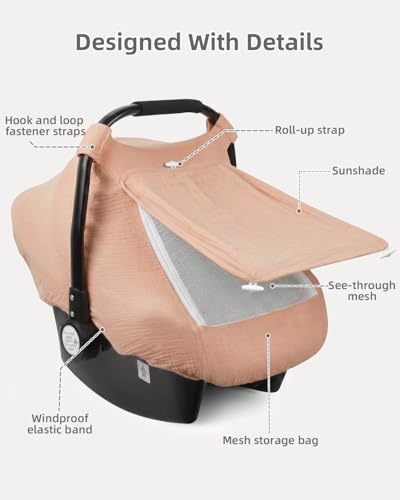 Image of Rquite Car Seat Cover Baby Girl Boy, 100% Muslin Cotton Carseat Covers, Breathable Infant Windproof Canopy with Mesh Window, Stroller Sun Shade for Summer & Hot Day, Dusty Rose