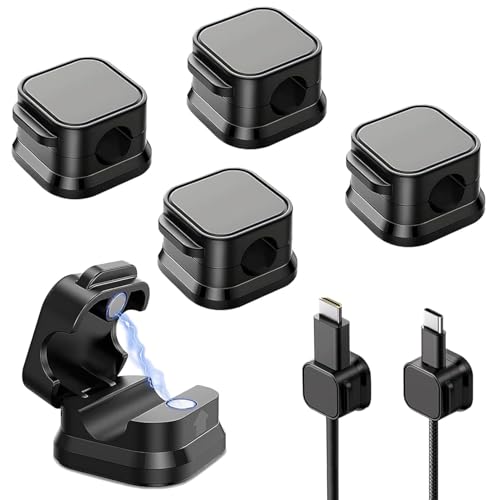Image of Magnetic Cable Holder for Wall & Desk - Self Adhesive Cable Organizer Clips for Charging Cables, USB, Type C, Lightning, HDMI (Black 5)