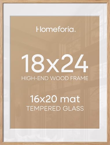 Image of Homeforia 18x24 Poster Frame Wood, High End Natural Oak 18x24 Light Wooden Picture Frame with Mat 16x20, 18 by 24 Frames Matted to 16 x 20 Photo, 24by18 Thin Frames, Tempered Glass, Wall Kit, Set of 1