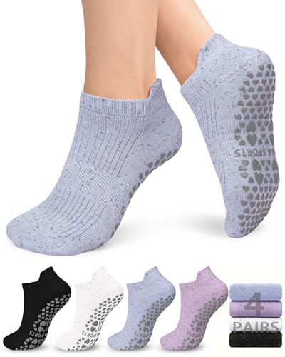 Image of yeuG Pilates Socks for Women Non Slip Grip Socks for Yoga, Barre, Hospital, Barefoot Grippy Yoga Sock Womens Gifts 4 Pairs