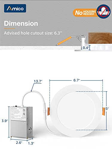 Amico 24 Pack 6 Inch 5Cct Ultra-Thin Led Recessed Ceiling Light With Junction Box, 2700K/3000K/3500K/4000K/5000K Selectable, 1050Lm Brightness, Dimmable Canless Wafer Downlight, 12W Eqv 110W-Etl&Fcc #TOP4