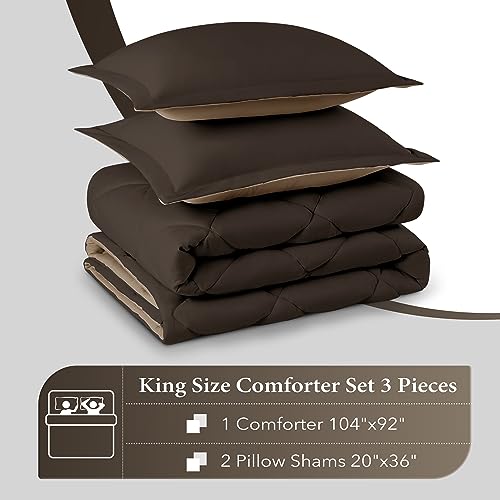 Image of downluxe King Size Comforter Set - Brown and Tan King Comforter, Soft Bedding Sets for All Seasons -3 Pieces - 1 Comforter (104 inchx92 inch) and 2 Pillow Shams(20 inchx36 inch)