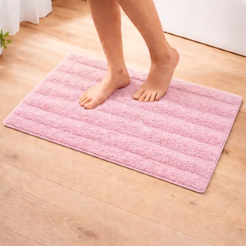 Image of Premium Combed Cotton Tufted Bathmat 50 x 80 cm, 1800 GSM Soft Absorbent Anti Skid Bathroom Floor Mat with Latex Backing, Quick Dry Non Slip Bath Rug for Shower & Daily Use, Stripes Rose