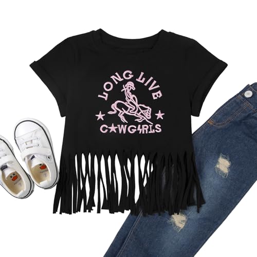 Image of Girls Western Shirt Cowgirls Embroidered Country Concert T Shirt Graphic Horseback Rider Tassel Fringe Tee Tops