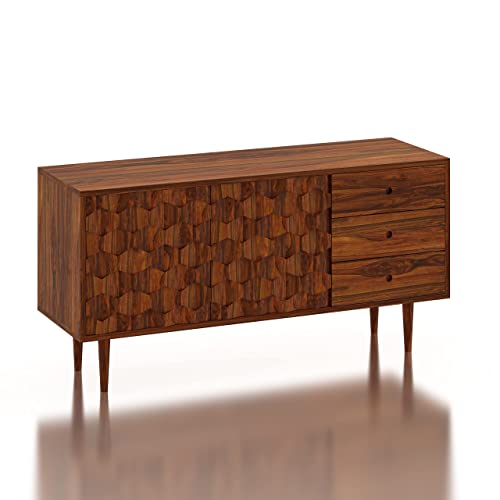 Image of Ganpati Arts Sheesham Wood Sideboard Cabinet with 2 Doors 3 Drawer Storage for Home Kitchen Office Wooden Organizer Bedroom (Natural Finish)