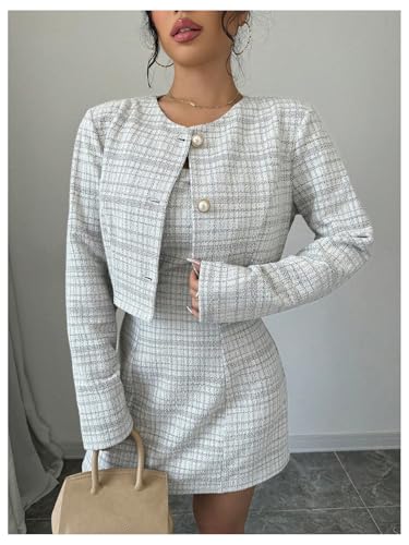 Image of SOLY HUX Women's 2 Piece Outfits Plaid Long Sleeve Button Down Cropped Jacket and Sleeveless Mini Dress Sets