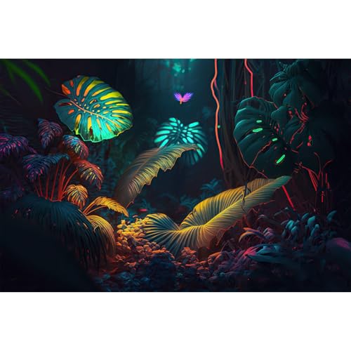 Image of Jungle Leaves Aquarium Background Neon Colors Rainforest Plants Leaves Fish Tank Background Abstract Neon Colors On Leaf Reptile Tank Backgrounds Jungle Style Reptile Enclosure Backgrounds 60x24in