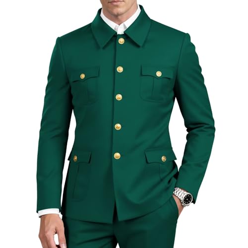 CYANDUSTY Chinese Suit 2 Piece Safari Suits for Men Slim Fit Emerald Green Gold Button Single...