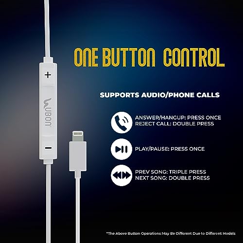 Image of UBON UB-387 in-Ear Wired Earphones with Lightning Connector, Built-in Microphone & Volume Control Buttons, Noise Isolating Calls, and Music Compatible for iPhone 14 /13 /12 /11 /XR /XS /X /8 /7
