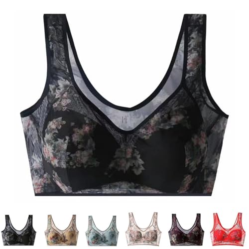 Asvance Ellebloom Bra, Stellwise All Day Comfort Bra, Lace Buttonless Comfortable Bra, Ice Silk Lace Cooling Comfort Bra(Black,3L)