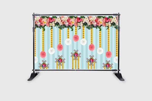 Image of Marigold Flower with Hanging Flower Backdrop Curtain for Decoration Backdrop Cloth for Pooja Decoration Traditional Fabric-Polyester Size 5 Feet Height and 8 Feet Width (5 * 8)
