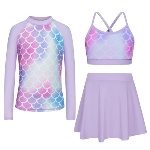 Girls Swimsuit Long Sleeve Swim Shirt 3 Piece Rash Guard for Girls Bathing Suit with Boyshorts Gradient Mermaid 7-8 Years