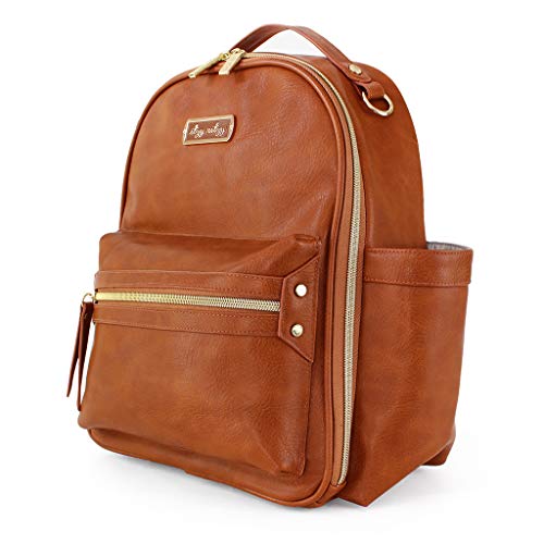Itzy Ritzy Mini Diaper Bag Backpack - Chic Mini Diaper Bag Backpack With Vegan Leather Changing Pad, 8 Total Pockets (4 Internal And 4 External), Grab-Top Handle And Rubber Feet, Cognac #TOP1