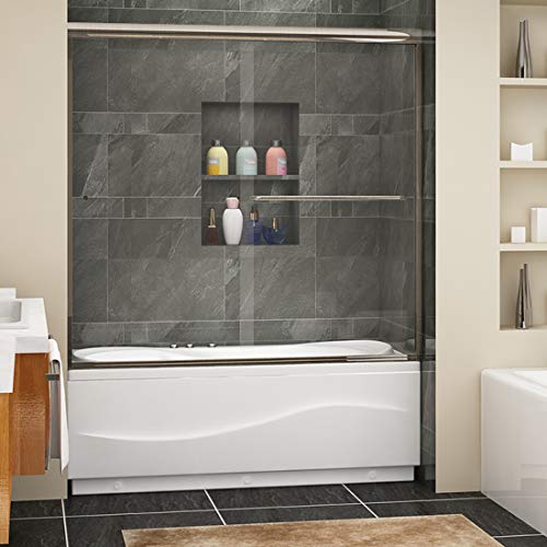SUNNY SHOWER Glass Sliding Shower Door for Bathtub 60 W x 57.4 H inches Double Sliding Shower Bath-Tub Door 1/4 inches Clear Glass Shower Enclosure Doors for Bathroom with Brushed Nickel Finish