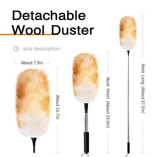 Image of Lambswool Feather Duster with Extension Pole up to 57.5inch,Extendable Feather Duster Used for Cleaning High Ceiling Fan, High Ceilings,Furniture,Hard to Reach Areas