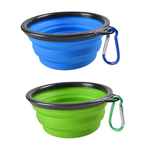 2PZ Ciotola pieghevole per cani, con coperchio e gancio, piatto portatile per l'irrigazione per animali domestici, per viaggi, passeggiate, campeggio Ciotola pieghevole per cani (350 ml, Verde/blu)