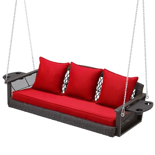 Image of HOMREST 3-Person Wicker Porch Swing with Upgraded Cup Holder, 56 Inch Patio Hanging Swing Bench Chair with Cushions, Outdoor Swing 900lbs Capacity Chains for Deck Garden Backyard (Red)