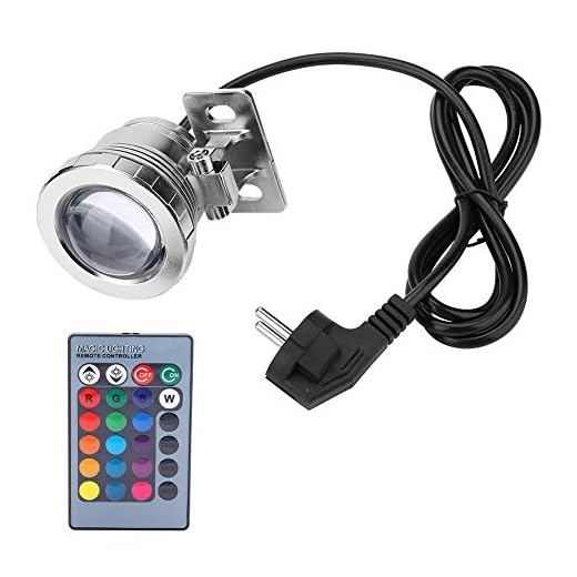 Riuty RGB undervattenslampa, 10 W EU-kontakt LED-poolljus utomhusstrålkastare med fjärrkontroll strålkastarlampa för landskaps-akvarium-damm-simning-fontän-trädgård (silver)
