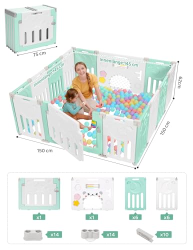 Dripex Laufstall Baby faltbar, laufgitter baby aus Kunststoff, laufstall mit Tür und Spielzeugboard, 150×150cm 14-Paneele, grün – Ansicht 2
