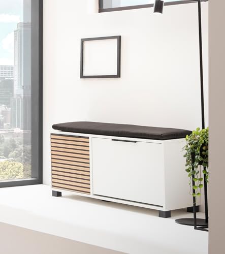 Schildmeyer Loft Schuhbank 157169, Mattweiß/Akustikpaneel Optik, 98,4 x 33,1 x 47,2 cm