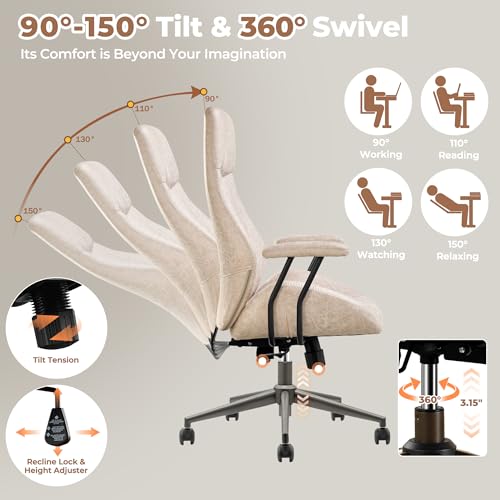 Image of ovios Ergonomic Office Chair, High Back Faux Leather Executive Chairs with Armrests, Comfy Mid-Century Modern Swivel Rolling Computer Armchair (Beige, Suede Leather)