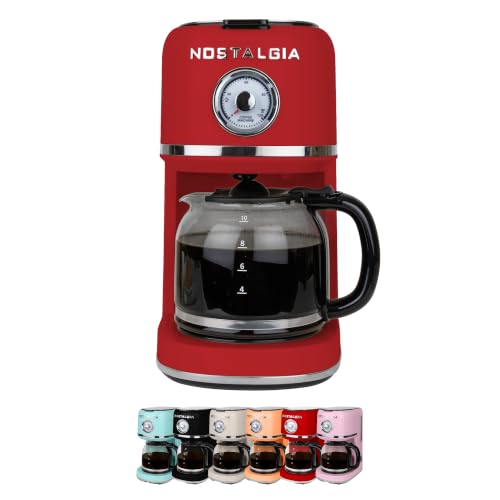Image of Nostalgia Classic Retro 10 Cup Coffee Maker - One-Touch Drip Brew, Reusable Filter - Anti-Drip, Auto Shutoff, & Time Display - Dishwasher Safe 50 oz Carafe - Red
