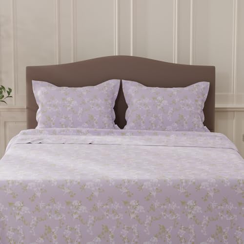 Image of Layers 100% Cotton Bedsheet for Double Size Bed | Lumina Floret Collection | 144 TC Soft & Breathable | Floral Print with 2 Pillow Covers | Wrinkle Free & Colorfast | 3 Piece Bedding Set - Purple