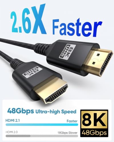 Image of 8K Short HDMI Cable Black 6.6FT, 48Gbps Ultra High Speed HDMI 2.1 Cable eARC Braided HDMI Cord with 8K@60Hz, 4K@120Hz, HDR10+, Dolby, 3D,HDCP2.3 for Laptop /Monitor /HDTV /Soundbar /Blu-ray /PS5 /Xbox