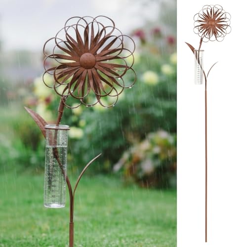 JUJOYBD Regenmesser für Garten mit Stab, Dekorativer Niederschlagsmesser H 110 cm, Frostsicher Regenwassermesser Glas auf Gartenstecker, Wetterfeste Deko für Balkon Terrasse