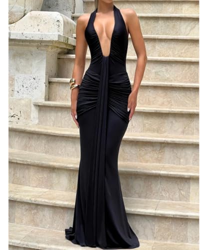 Women's Sexy Deep V-Neck Maxi Dress Sleeveless Halter Ruched Bodycon Formal Cocktail Party Evening Dresses4