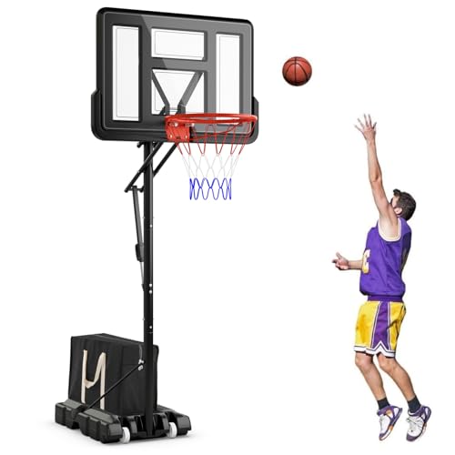SPOTRAVEL Height Adjustable Basketball Hoop Stand, Portable Basketball Stand with 44" Backboard, Wheels & Weight Bag, Professional Basketball Hoop Net System for Kids Junior Adults (240-305cm)