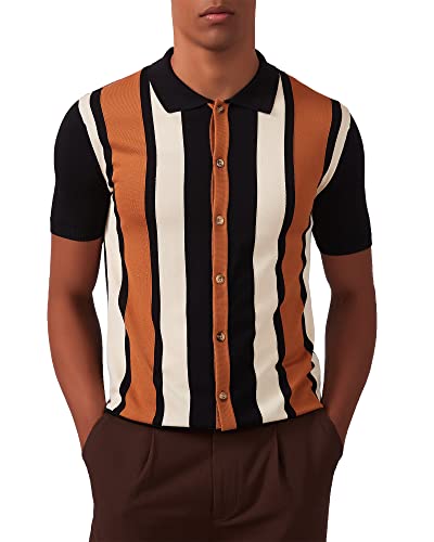 Kallspin Hombres Polo de Punto Vintage Manga Corta Rayas Botón Abajo Camisas de Golf de Punto(Negro,M)