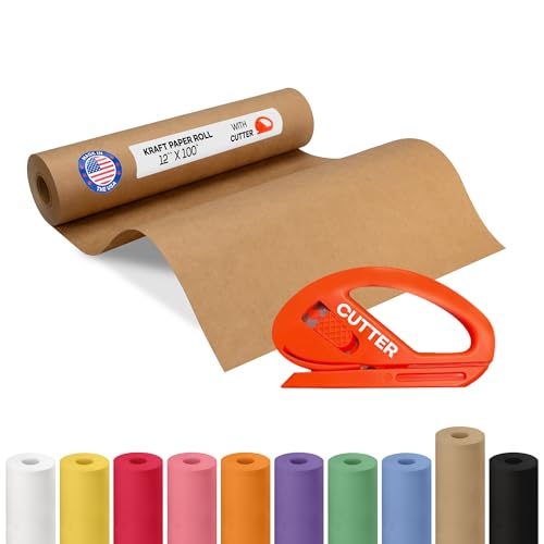 Image of Brown Kraft Paper Roll 12 inch x 1200 inch (100 feet) with Cutter - USA-Made | Wrapping Paper for Packing, Moving, Shipping & Crafts /Arts - 100% Recyclable Natural Craft Material by IDL Packaging