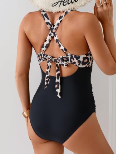 Image of B2prity Women's One Piece Swimsuit Tummy Control High Waisted Bathing Suit | Color Block,Removable Soft Cups,Cutout,V neck,Full Coverage,Adjustable Criss Cross Straps,Tie Back