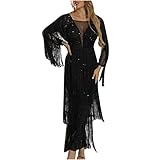 Women's Flapper Maxi Dresses 1920s Sexy V Neck Beaded Fringed Great Gatsby Long Dress Prom Gowns Long Sleeve Elegant Dresses
