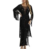 Women Sexy Sequin Fringe Long Sleeve Party Dress Elegant Sheer V-Neck Solid Sparkly Formal Bodycon Maxi Long Dress