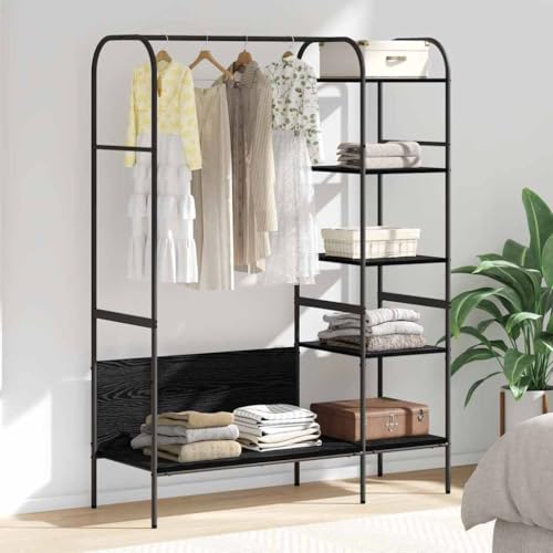Teenpull Perchero negro con 6 estantes, 120 x 44 x 160 cm, madera y marco de acero, ahorra espacio para pasillo, dormitorio, entrada, moderno sistema de organización