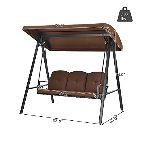 Tangkula 3-Seater Porch Swing, Outdoor Swing With Adjustable Tilt Canopy & Removable Soft Cushions, Powder-Coated Steel Frame Patio Swing For Garden, Poolside, Backyard (Coffee) #TOP4