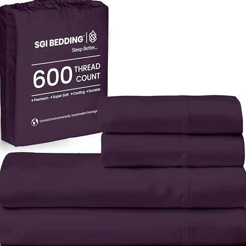 Image of SGI bedding Queen Bed Sheets Set - Premium 600 TC Egyptian Cotton, Crisp & Cooling Sateen Weave, Extra Soft Hotel Collection, Fits Mattresses Up to 16 Inch Deep, Breathable & Long Lasting - Plum