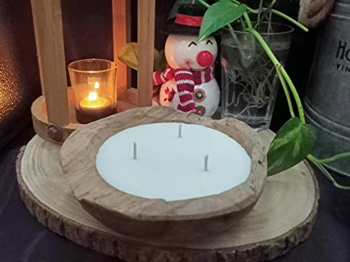 Artisan Français Idée cadeau Bougie parfumée à la cire végétale de colza (parfum Monoï Pêche) dans un bol rustique en bois de teck naturel. Tendance Hygge.