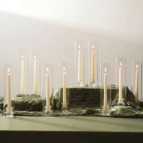 NUPTIO Bougeoirs en Verre Lot de 10 Bougeoirs Transparents de 30cm de Haut - Support de Bougies Coniques avec Couvercle Cylindrique Résistant au Vent pour la...