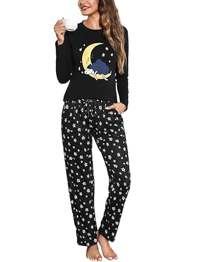 Aseniza Pijama Mujer Invierno Algodón Conjunto de Pijamas Largo Manga Larga Ropa de Dormir 2 Piezas con Bolsillo Negro,L | Ya disponible en tu tienda friki favorita! En mundofriki.es!