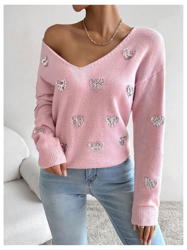 MakeMeChic Women's Glitter Sequin Heart Pattern Sweater Long Sleeve V Neck Knit Tops3