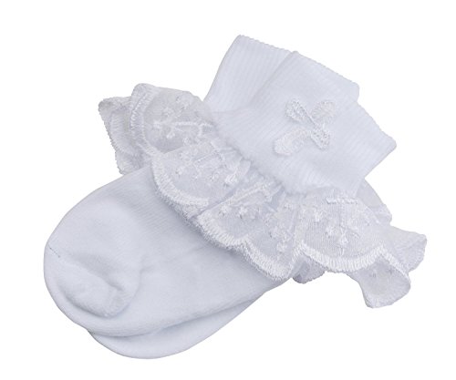 TipTop Girls White Baptism First Communion or Christening Socks with Cross and Ruffle3